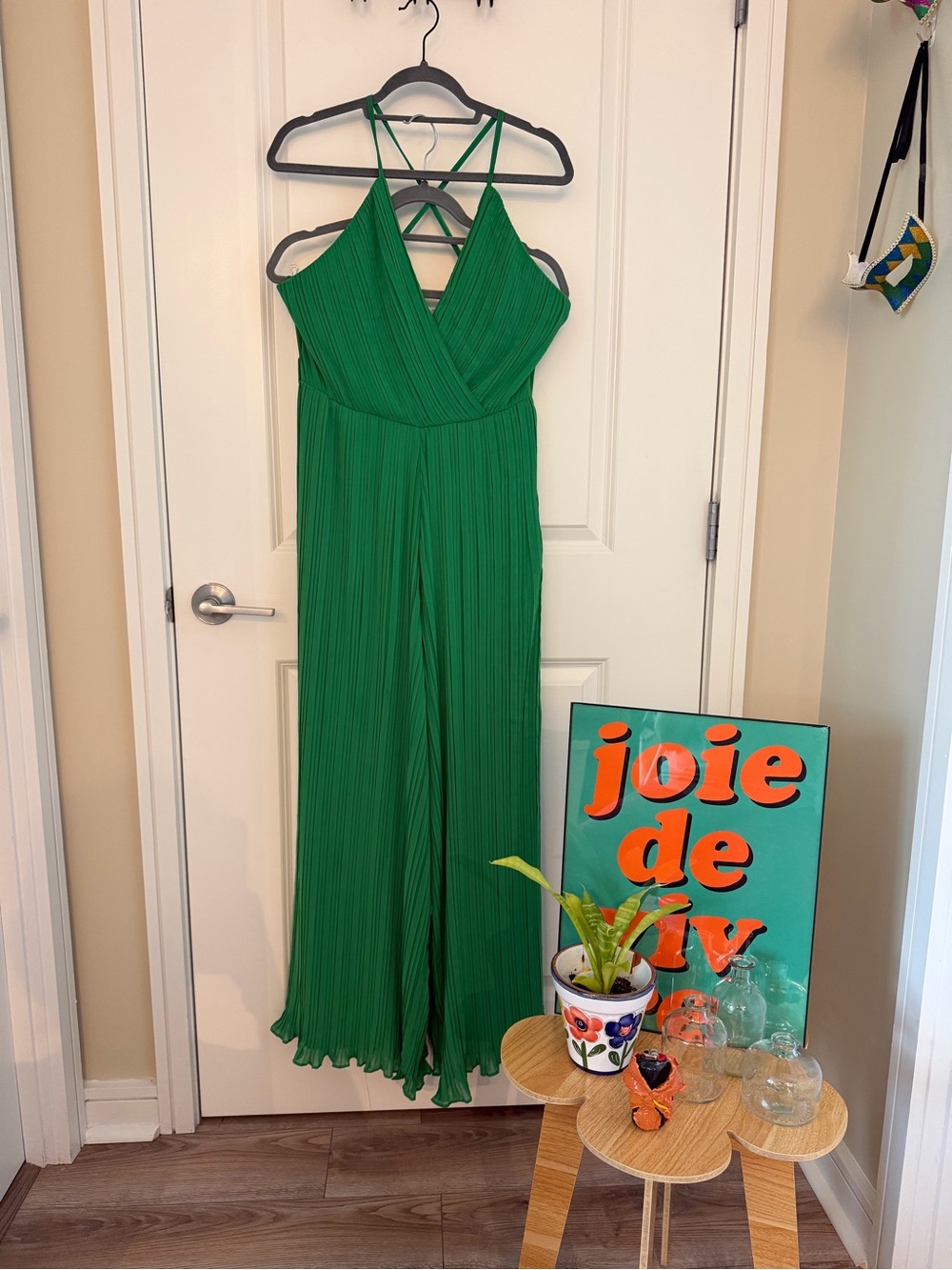 Green Pleated Wide-Leg Strappy Jumpsuit